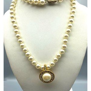 Classy Pearl with Crystal Halo Pendant Enhancer on Lustrous Knotted Glass Pearl